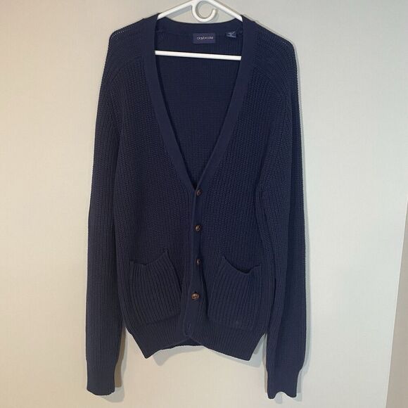 Claybrooke Mens Cardigan Size L Navy Blue Knit Wooden Buttons VTG Grandpa Golf - Picture 1 of 7